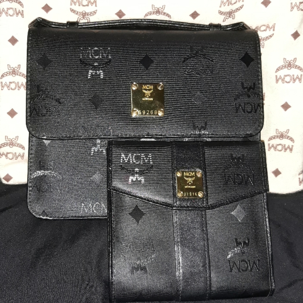 MCM Authentic Visetos Black/Gold Purse and Wallet
